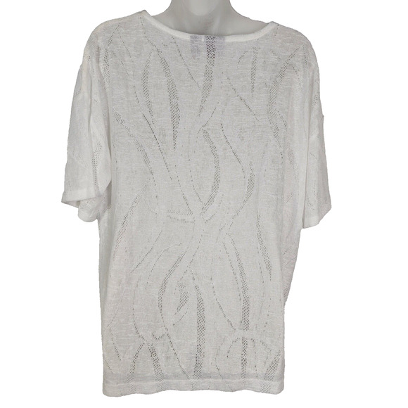 Chicos Womens Top Size 1 US 8 White Knit Semi Sheer Cutout Jaquard Short Sleeve - Picture 2 of 11